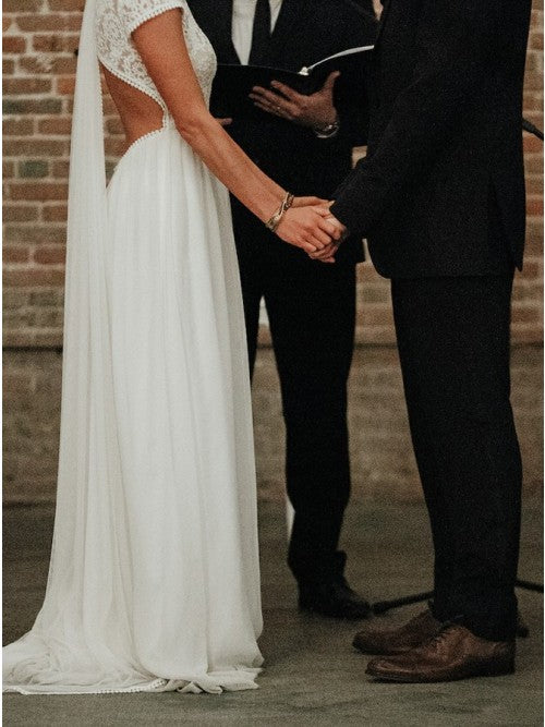 A-line Bateau Cap Sleeves Open Back Bohemian Wedding Dress with Lace OKR21