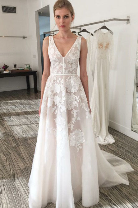 A-line V-Neck Backless Sweep Train Ivory Wedding Dress with Appliques OKR20