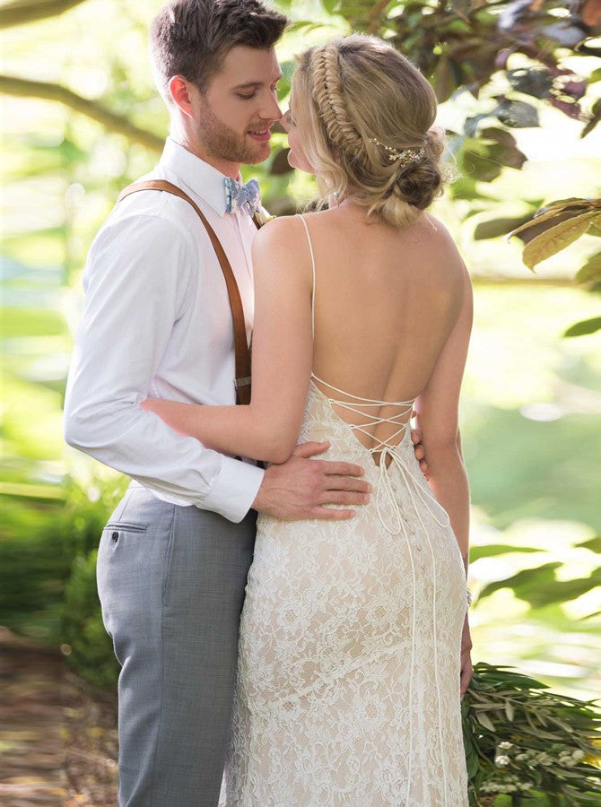 Mermaid Spaghetti Straps Backless Ivory Lace Wedding Dresses Elegant Bridal Dress OKL61