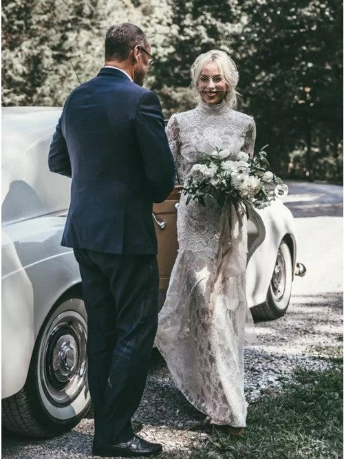 Mermaid High Neck Backless Long Sleeves Boho Lace Wedding Dresses OKL48