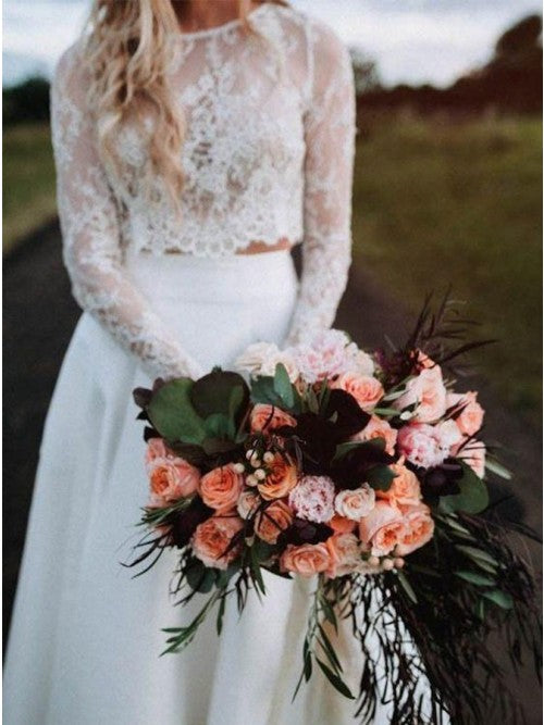 Two Piece Long Sleeves Chiffon Beach Wedding Dress With Lace OKR75