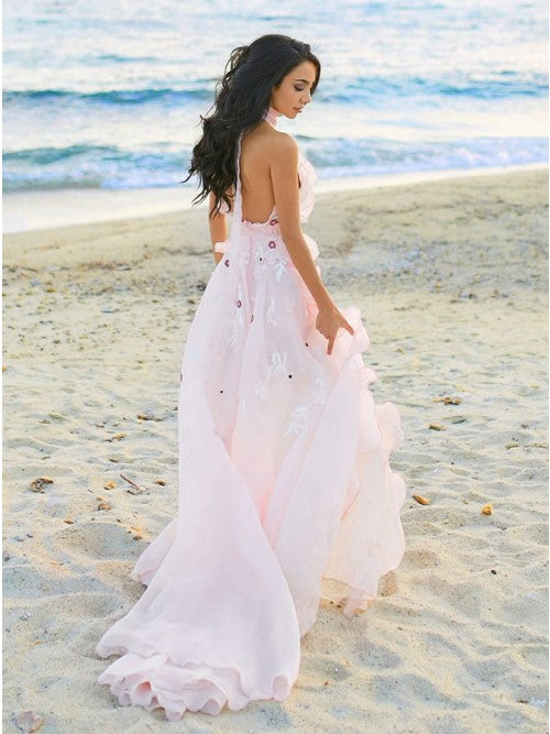 A-Line Halter Backless Light Pink Chiffon Beach Wedding Dress with Appliques Ruffles OKR83