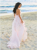 A-Line Halter Backless Light Pink Chiffon Beach Wedding Dress with Appliques Ruffles OKR83