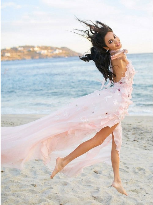 A-Line Halter Backless Light Pink Chiffon Beach Wedding Dress with Appliques Ruffles OKR83