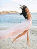 A-Line Halter Backless Light Pink Chiffon Beach Wedding Dress with Appliques Ruffles OKR83