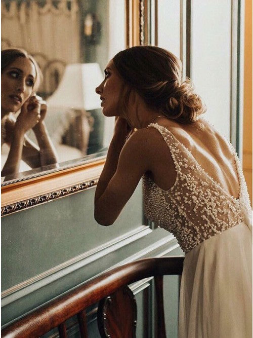 A-line V-Neck Backless Sweep Train Tulle Sexy Wedding Dress with Pearls OKS37