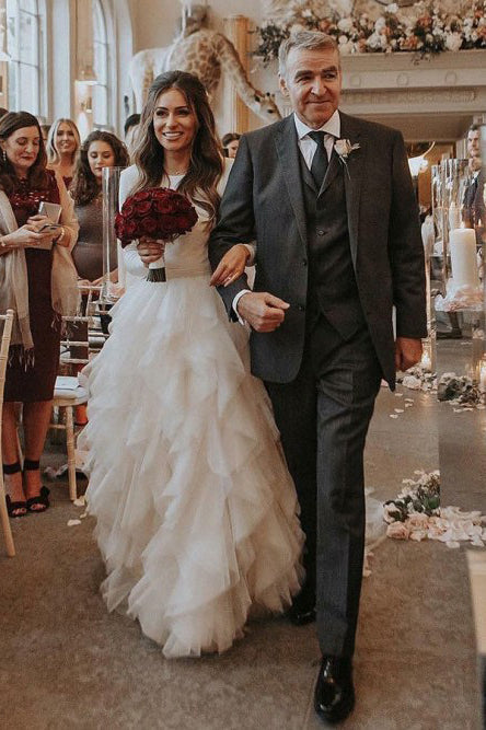 A-line Bateau Long Sleeves Ruffles Tulle Elegant Wedding Dress OKS30