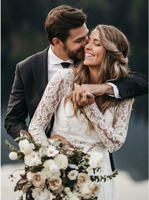 Two Piece Long Sleeves Chiffon Beach Wedding Dress with Lace OKS32