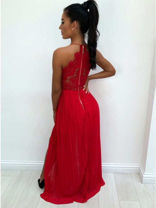 Sheath Spaghetti Straps Red Satin Split Prom Dresses With Ruffles, PD0 –  Okstyles