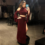 Two Piece Mermaid Cold Shoulder Long Sleeves Burgundy Prom Dresses With Split OKQ54
