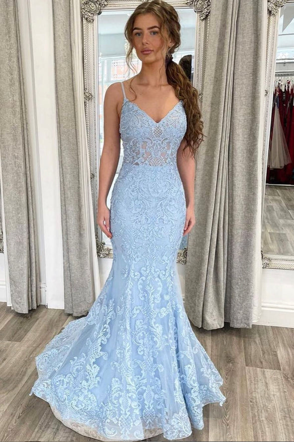 Light Blue Lace Long Prom Dress Mermaid Spaghetti Straps Evening Dress OK1378
