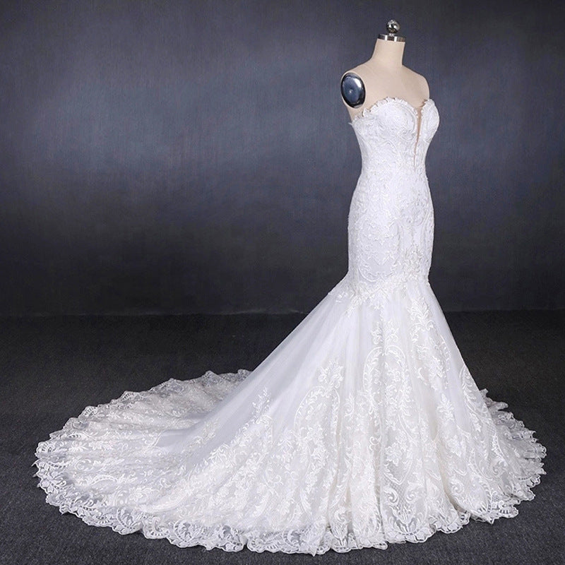 Sweetheart Mermaid Lace Appliques Button Back Long Wedding Dresses OKQ29