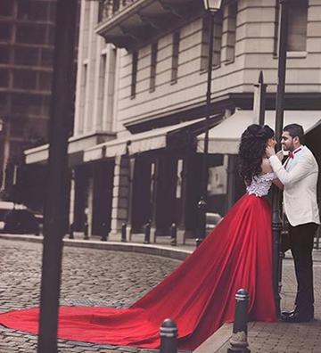 White Lace Crop Top Red Satin Two Piece A Line Prom Dresses Okdresses