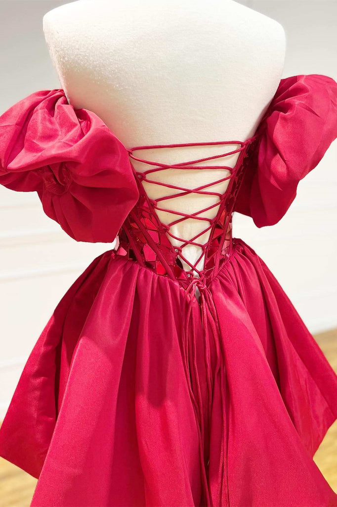 Red Cut Glass Mirror Strapless A-Line Cocktail Dress with Puff Sleeves Short Homecoming Dress OK1739