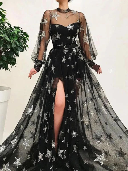 Popular Black Illusion Star Printed Long Sleeves Tulle A-line Prom Dress OKT50