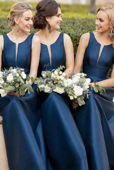 Simple A Line Satin Navy Blue Bridesmaid Dress with Illusion V Inset OKN2 Okdresses