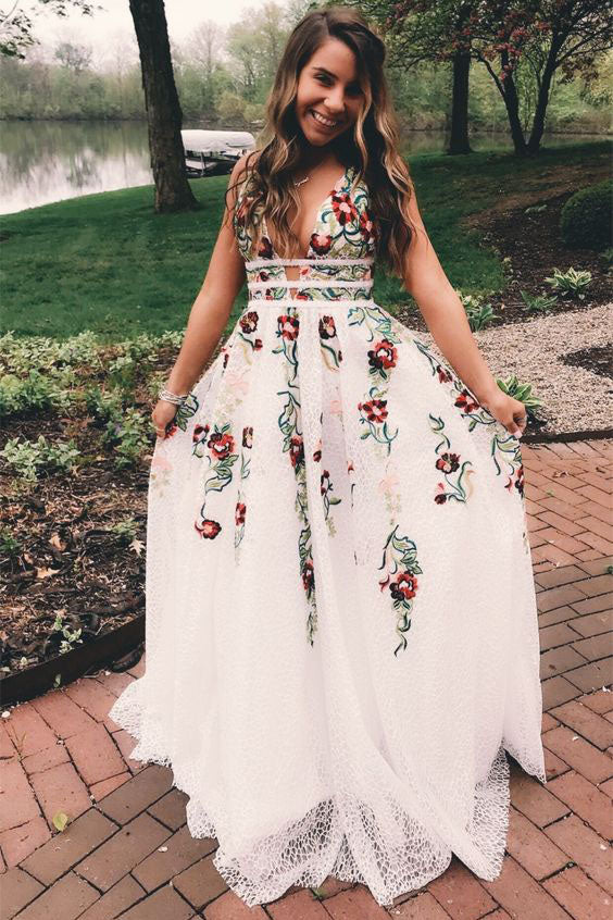 A Line V Neck Flower Appliques Prom Dresses Long Evening Dresses