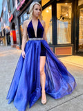 V Neck Backless Royal Blue Halter Prom Dress Long Beaded Formal Evening Dress OKT59