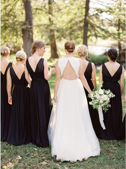 A-Line Round Neck Floor-Length Navy Blue Chiffon Bridesmaid Dress OKR93
