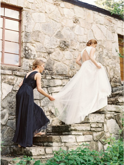 A-Line Round Neck Floor-Length Navy Blue Chiffon Bridesmaid Dress OKR93