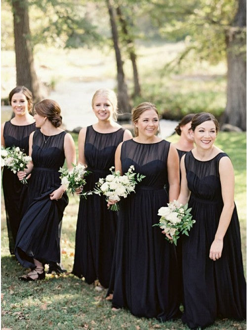 A-Line Round Neck Floor-Length Navy Blue Chiffon Bridesmaid Dress OKR93
