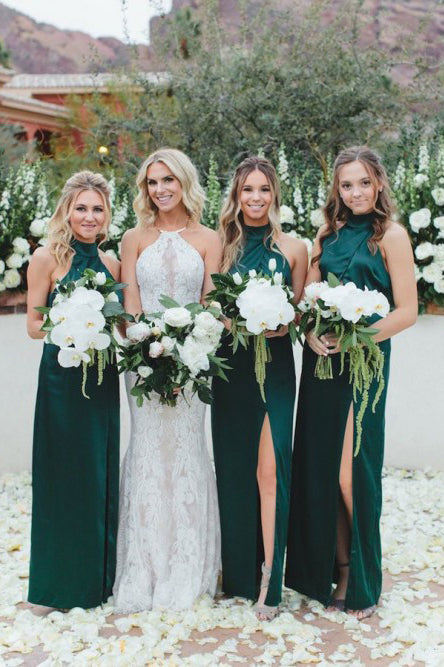 Sheath High Neck Floor-Length Dark Green Long Bridesmaid Dress with Split OKR91