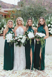 Sheath High Neck Floor-Length Dark Green Long Bridesmaid Dress with Split OKR91