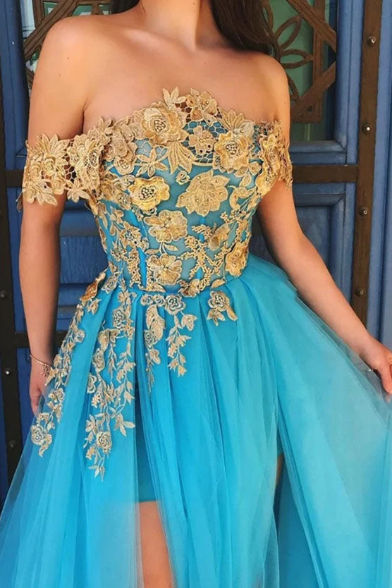 Off Shoulder Blue Gold Lace Prom Dress Long Lace Formal Evening Dress OKT93