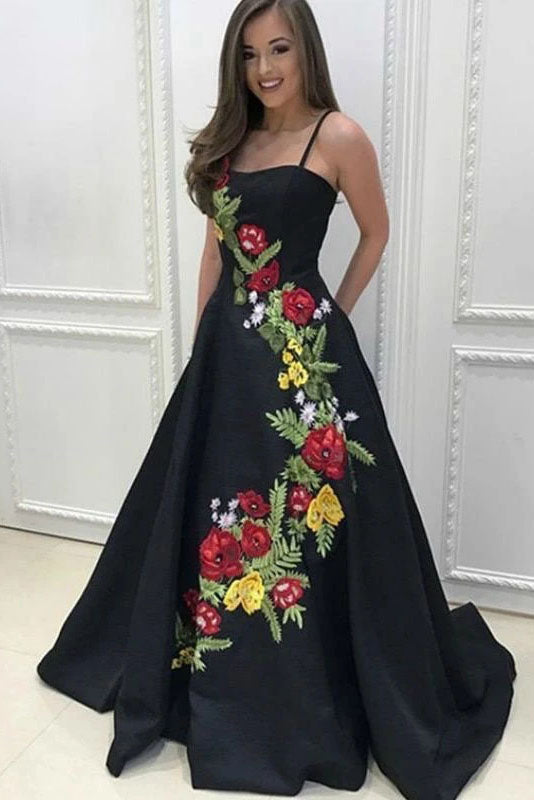 Black A-line Satin Spaghetti Straps Floral Appliques Prom Dress Evening Dress OKT92