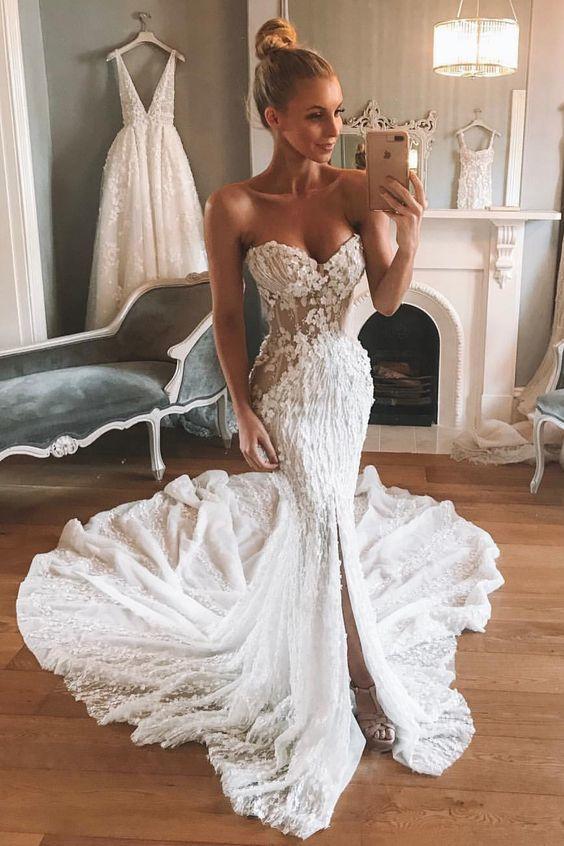 Sexy Sweetheart Mermaid Ivory Lace Long Wedding Dress Wth Slit OKZ39 –  Okdresses