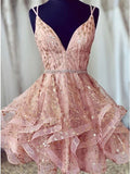 Chic Deep V-neck Pink Tiered Homecoming Dresses with Beading Appliques OKO38