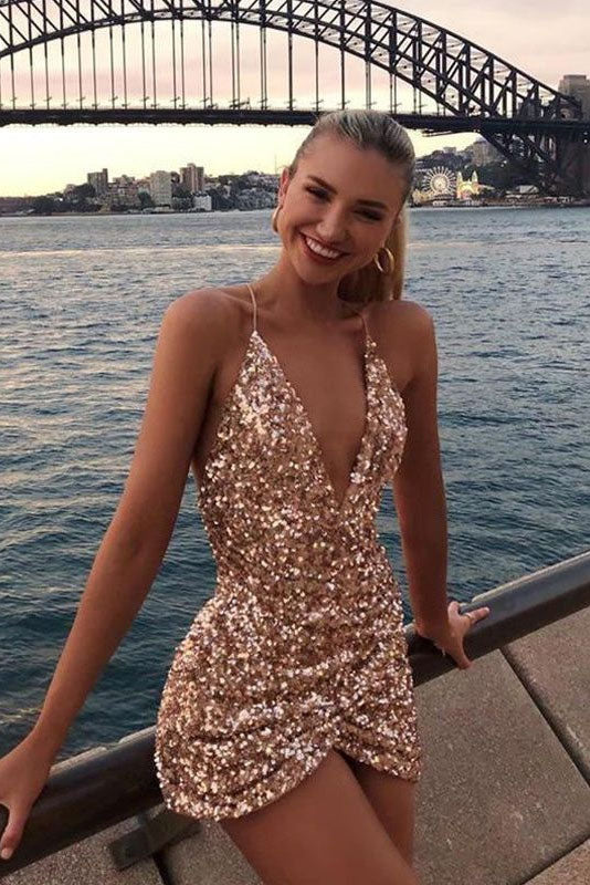 Sexy Sparkly Gold Spaghetti Strap V-neck Mermaid Short Homecoming Party Dress OK1658