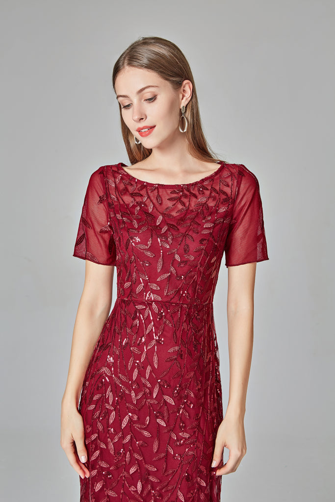 Burgundy Sheath Short Sleeves Round Long Prom Dress 90801