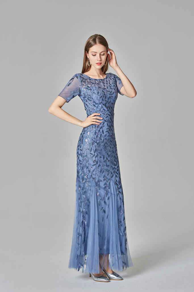 Burgundy Sheath Short Sleeves Round Long Prom Dress 90801