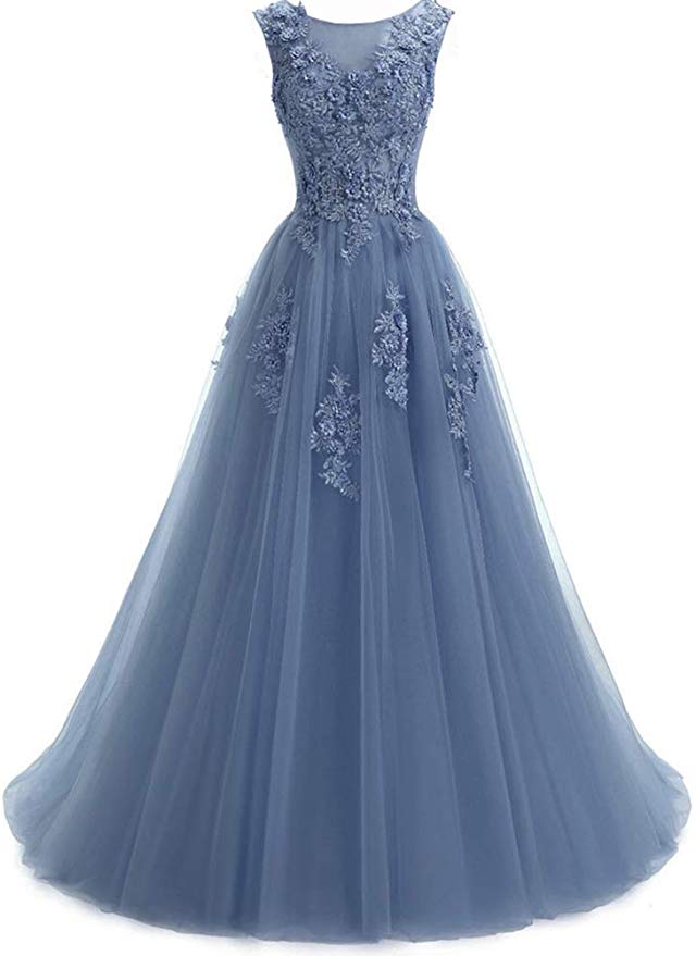 A Line Round Neck Lace Appliques Floor Length Prom Dress OKR11