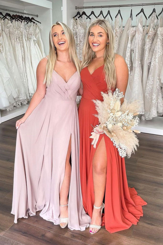 Simple A Line V Neck Spaghetti Straps Long Prom Dress With Slit. Formal Evening Dress OK1189