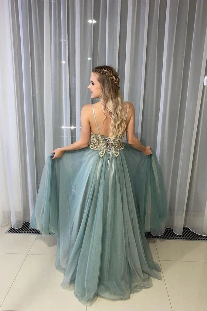 A-Line Spagahetti Straps Sweetheart Beades Long Prom Dress Formal Evening Dress OK1376