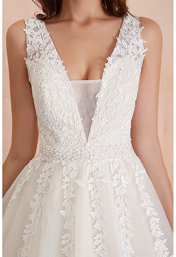 Elegant A-line Tulle Sleeveless Wedding Dress Lace Appliques Prom Gown OKU49