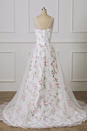 A Line Floral Appliques Pleated Off White Prom Dresses Evening Dresses OKT70