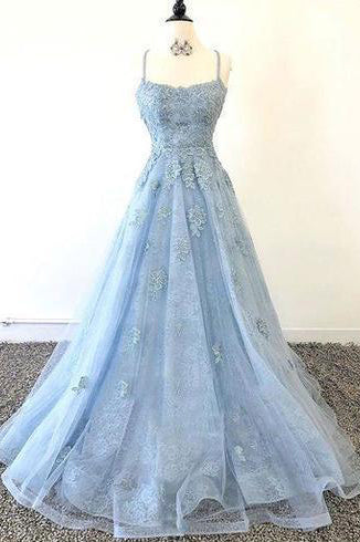 Lace Appliques Sky Blue Prom Dresses with Criss Cross Back OKP13