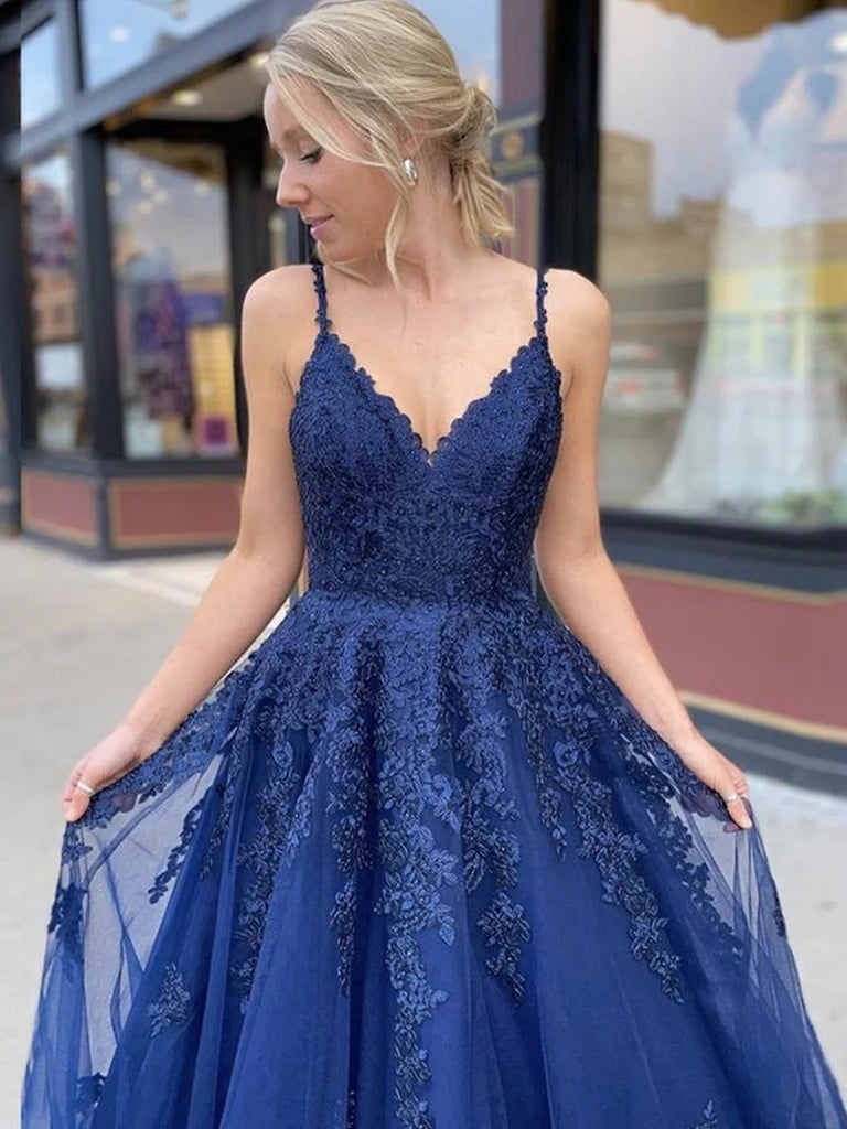 Navy blue spaghetti strap long sale dress