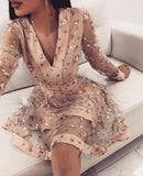 Cute Pink Long Sleeve Homecoming Dress, V Neck Short Prom Dress OKO62