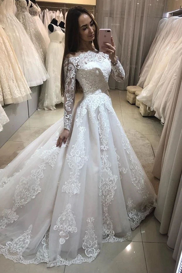 wedding dresses 2021 a line v neck long sleeve lace applique tulle bridal  gowns with chapel train — Bridelily