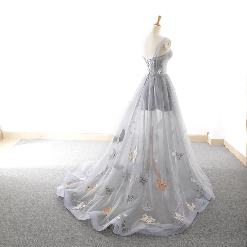 Grey Sweet Star Maxi Tulle A-line Lace Up Prom Dress OKU58