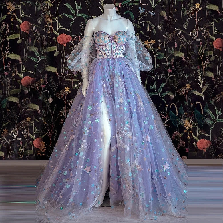 Light Purple Tulle Floral Prom Dress Off Shoulder Sweetheart Dress A-line Evening Dress OK1402