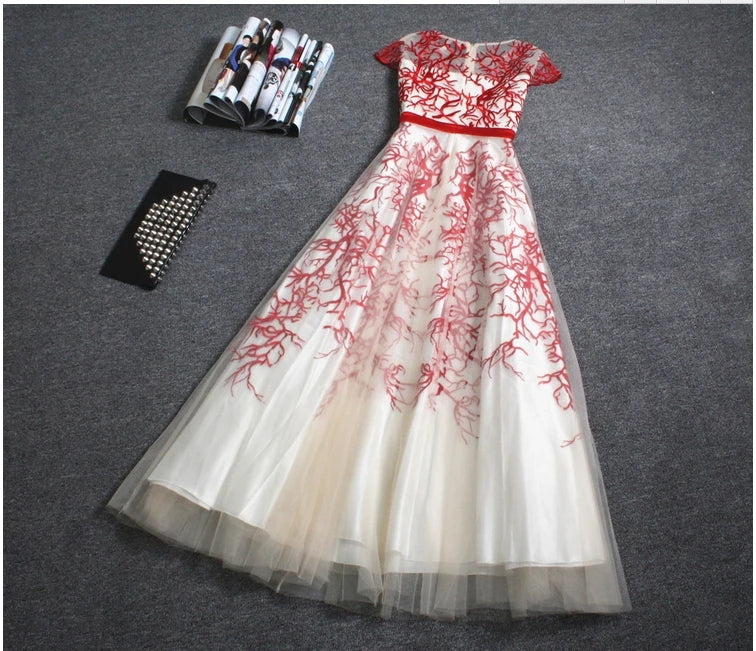 Beautiful Embroidery A-line Cap Sleeves Tulle Long Prom Dress Evening Dress OKT41