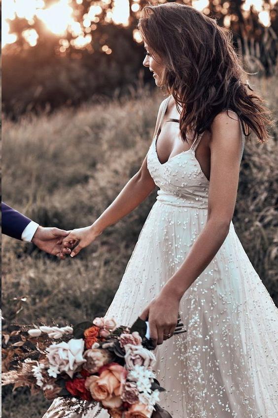 Backless Straps Long A-line Lace Simple Bridal Gown Wedding Dress OKM79