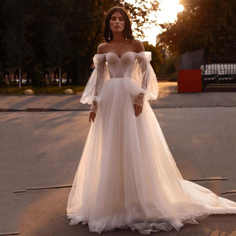 A line princess off best sale the shoulder wedding dress