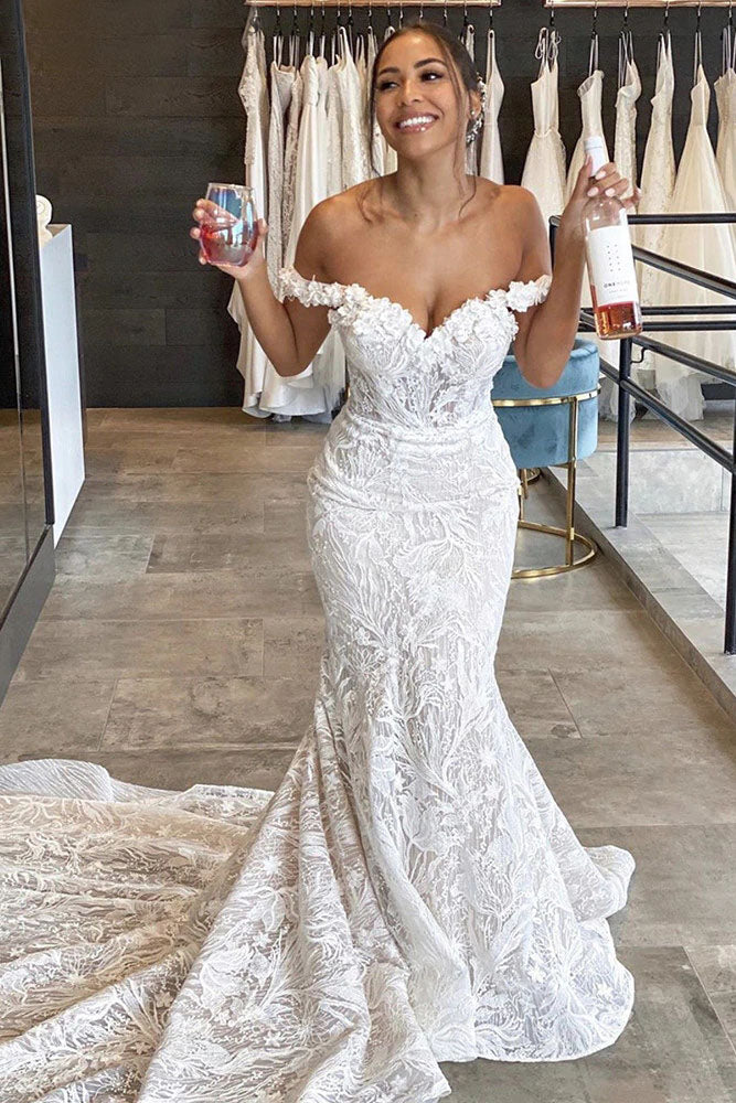 Light Blue Wedding Dresses Off The Shoulder Lace Wedding Gowns with Court  Train