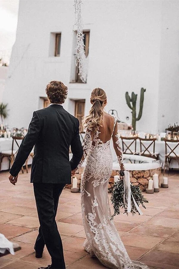 Long sleeve lace open back mermaid sale wedding dress
